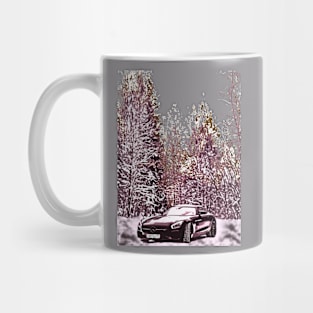 The car is covered in snow against a backdrop of cypress trees Mug